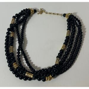 Vintage Multi-Strand Black Beaded Necklace with Gold Filigree Accents 19"